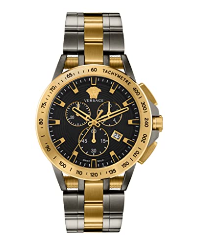 Versace Mens Gold Tone Swiss Made Watch. New Chrono Collection. High Fashion Two Tone Bracelet. Black Dial