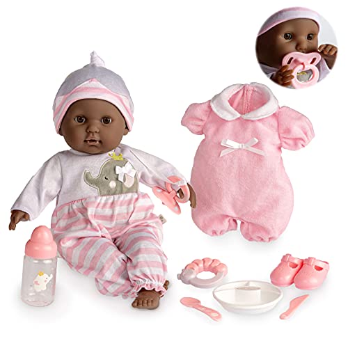 JC Toys 15' Realistic Soft Body African American Baby Doll with Open/Close Eyes Berenguer Boutique | 10 Piece Gift Set with Bottle, Rattle, Pacifier & Accessories | Pink | Ages 2+
