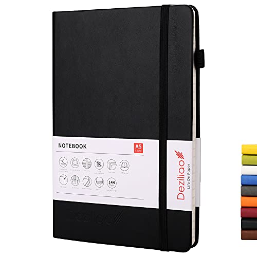 Deziliao Lined Journal Notebooks with Pen Loop, Hardcover Notebook Journal for Work, 100Gsm Premium Thick Paper with Inner Pocket, Medium 5.7'x8.4', （Black, Ruled）