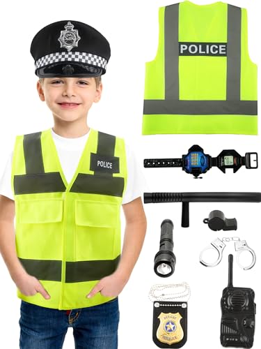 Puteraya 9 Pcs Kids Police Costume Set Police Officer Dress Up Cloth Accessories Police Vest Hat Props Toys for Boys Girls Birthday Role Play Halloween Cosplay