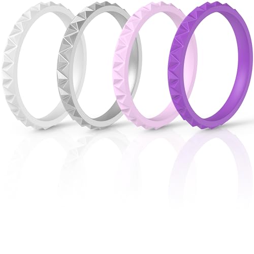 ThunderFit Womens Triangle Diamond Stackable Rings 4 Pack Thin Silicone Wedding Rings (Women Silver, White, Purple, Light Purple, 7.5-8 (18.2mm))