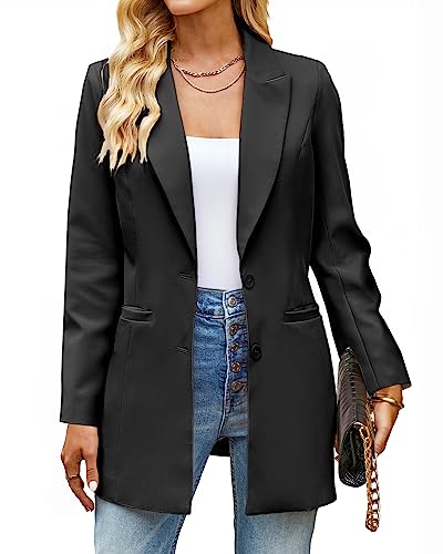luvamia 2023 Blazers for Women Business Casual Long Blazer Jackets Dressy Work Professional Office Outfits Lapel Pockets Women's Blazers & Suit Jackets Funeral Attire for Women Black Size 16 Size 18
