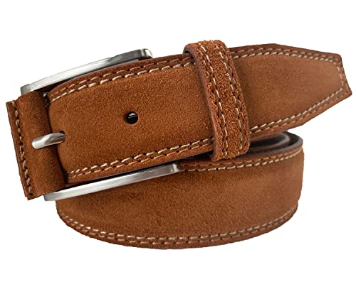 MENS BELT ITALIAN CONTRAST STITCH SUEDE BELT 35MM (TAN WITH CREAM, XXL-42-45-INCHES)