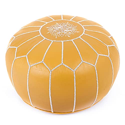 Marrakesh Gallery Genuine Leather Round Pouf Unstuffed - Moroccan Ottoman Footstool, Footrest Cover - Boho Decor - Bohemian Living Room, Bedroom, Kids Room, Gift & Wedding (Yellow)