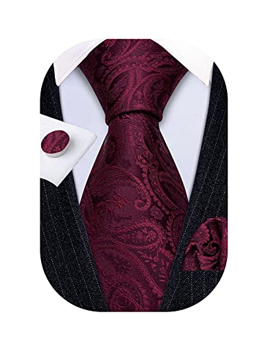 Barry.Wang Mens Tie Burgundy Paisley Necktie Pocket Square Cufflinks Set Formal Wedding Party Prom