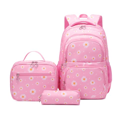3Pcs Daisy Prints Backpack for Girls Bookbag set Primary School Daypack Elementary Students Knapsack with Lunch Box