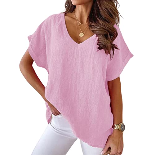 Janepam Women Solid Color Cotton Linen V-Neck Batwing Oversized Loose Summer Top Short Sleeve T-Shirt A Pink M
