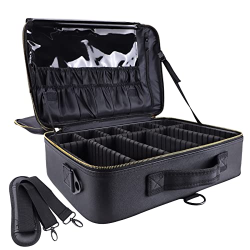 Oewoer Travel Makeup Train Case PU Leather Professional Makeup Case 16' with Adjustable Strap Portable Cosmetic Organizer Artist Storage Bag for Toiletry Jewelry Digital Accessories (L-Black)