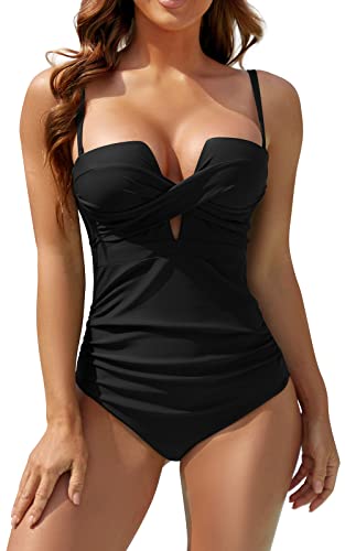 Eomenie Women's Push Up Wrap Tummy Control One Piece Swimsuit Bandeau Bathing Suits Slimming Twist Swimwear Black