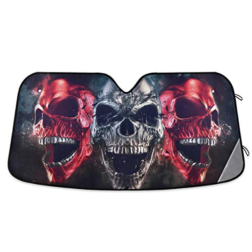 3D Metal Skull Car Windshield Sunshade Foldable Reflective Sun Shade Blocks UV Rays
