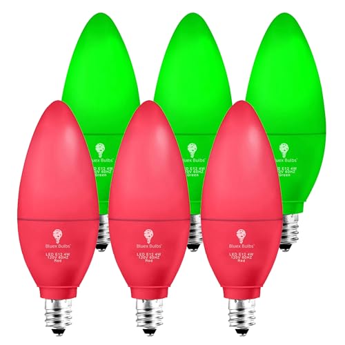 6 Pack BlueX LED Candle Red Light Bulb Green Light Bulb - 4W (40Watt Equivalent) - E12 Base Red LED Green Red Bulb, Party Decoration, Porch Holiday Lighting, Candelabra Bulbs - Christmas Light Bulbs