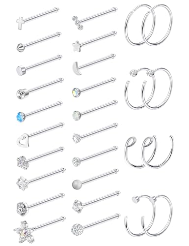 MILACOLATO 28Pcs 20G Nose Rings for Women | 316L Surgical Stainless Steel Nose Rings Hoops | Hypoallergenic Straight Shaped Nose Rings Studs | Nose Piercing Jewelry for Women Men
