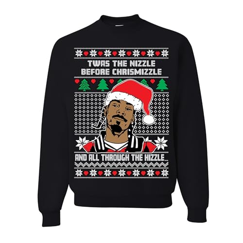 wild custom apparel Twas The Nizzle Before Chrismizzle Ugly Christmas Crewneck Sweatshirt, Black, Medium
