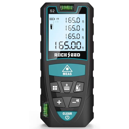 Laser Measure, RockSeed 165 Feet Digital Laser Distance Meter with 2 Bubble Levels,M/in/Ft Unit Switching Backlit LCD and Pythagorean Mode, Measure Distance, Area and Volume (165 Feet)