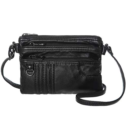 MINICAT Treble Pockets Small Crossbody Purse Soft Synthetic Leather Cell Phone Purse Wallet for Women(Black)
