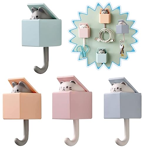 FUZSKWID 4pcs Cat Key Hook,Kawaii Room Decor Creative Wall Mounted Adhesive Hook for Coat, Scarf, Hat, Towel, Key, for Wall Hanging Decor