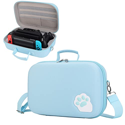 Blue Cute Cat Paw Carrying Case Compatible with Nintendo Switch/OLED Model fit Switch Console & Full Set Game Accessories with Mesh Pocket, 18 Game Card Slot and Removable Shoulder Strap.
