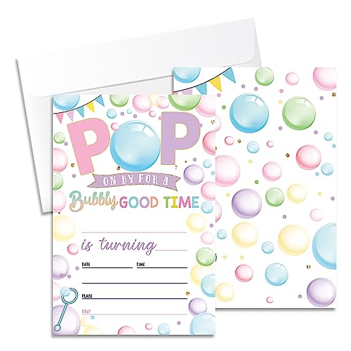 20 Pop On By For A Bubbly Good Time Birthday Party Invitations Cards with Envelopes 4'x6' - Summer Pool Themed Birthday Party Supplies, Bubble Party Invitations, Decorations, Favors for Boys Girls Kids Teens. (032)