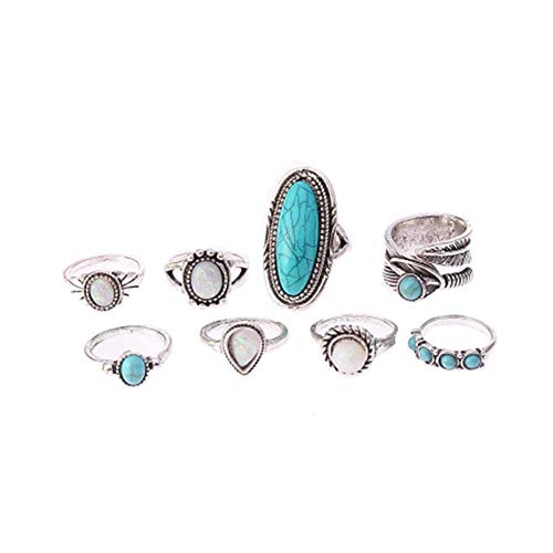 JczR.Y Turquoise Rings Western Rings Vintage Oval Imitation Opal Rings for Women Bohemian Faux Turquoise Stone Open Leaf Finger Rings 8 Pcs/Set