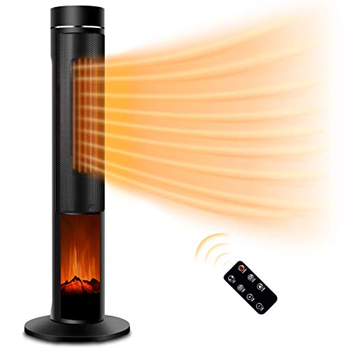 Electric Space Heater for Large Room - 36' Ceramic Tower Space Heater for Room Heating w/Thermostat, Fast Heating, 3D Realistic Flame, Oscillating, Remote Control, Ideal for Home/Livingroom