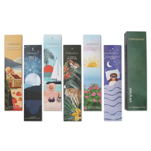 Folkulture Incense Sticks - Set of 6 Insenses (120 Sticks) for Relaxation - Balsam Cedarwood, Jasmine, White Woods & Oud, Ocean Salt, Pumpkin Spice, Peppermint - Farmhouse Gift Set to Unwind