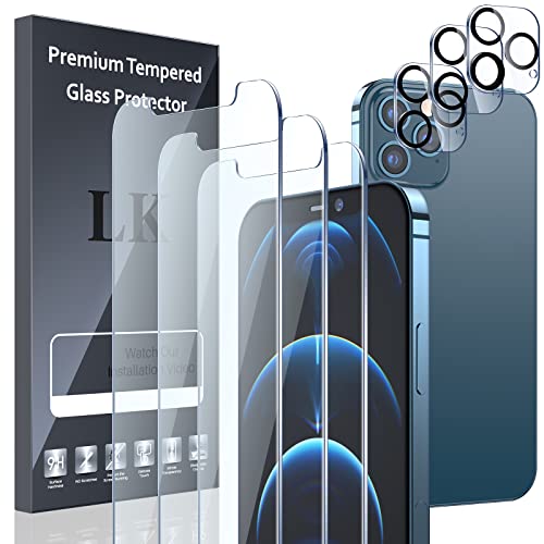 LK [3+3 Pack 3pack Screen Protector Compatible for iPhone 12 Pro Max 6.7-inch + 3pack Camera Lens Protector, Tempered Glass, Easy Frame Installation, HD Ultra-Thin, 9H Hardness, Scratch Resistant