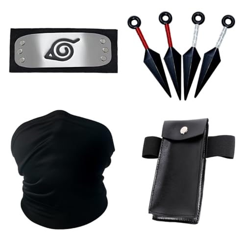 7PCS Anime Ninja Costume Cosplay Accessories Plastic Kunai Props, Leaf Village Headband Ninja Gift Set Black