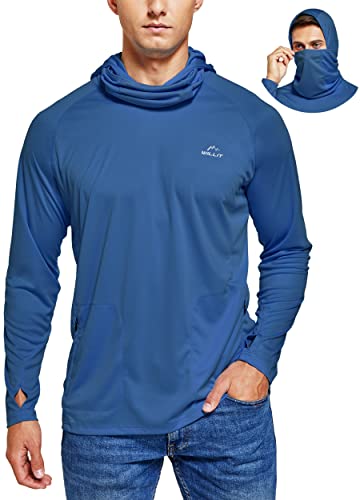 Willit Men's Sun Protection Hoodie UPF 50+ Fishing Hiking Shirt Long Sleeve SPF UV Shirt with Face Mask Rash Guard Ocean Blue L