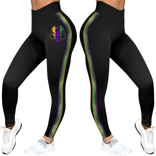 Mardi Gras Leggings for Women Funny Sequin Letter Printed High Waisted Workout Leggings for Women Running Exercise Yoga Pants(11#Black,3X-Large)