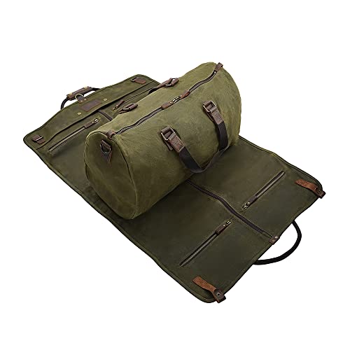 CRUITBILI 2 in 1 Canvas Leather Suit Luggage Garment Bag with Shoulder Strap for Travel and Business Trips (Waxed Army Green)