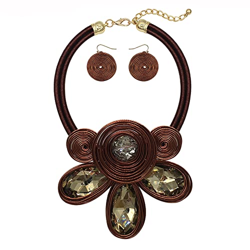 JHWZAIY Chunky African Statement Necklace For Women Tribal Fashion Costume Jewelry Earring Sets Unique Colorful Big Rhinestone Crystal Pendent Collar Choker Bib Handmade (brown)