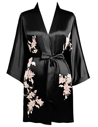 BABEYOND Kimono Robe Cover up Short Floral Kimono Blouse Loose Cardigen Bachelorette Party Robe (Black)