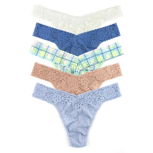 hanky panky, Daily Lace Original Rise Thong Color Play 5 Pack, OS(fits 4-14) Marshmallow, Stormcloud Blue, Hazy Morning, Taupe, Grey Mist
