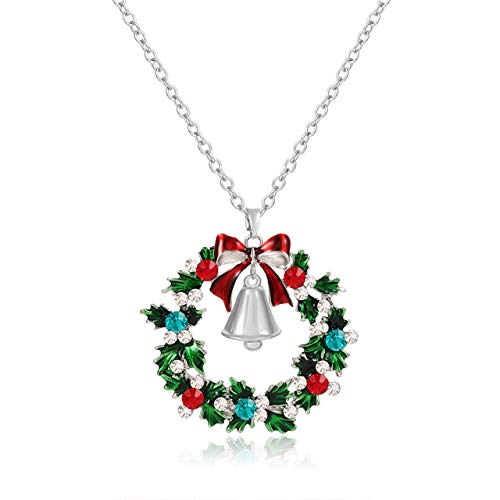 YAHPERN Christmas Necklaces For Women Glitzy Rhinestone Xmas Wreath Bell Pendant Necklace Holiday Jewelry Gift (silver)