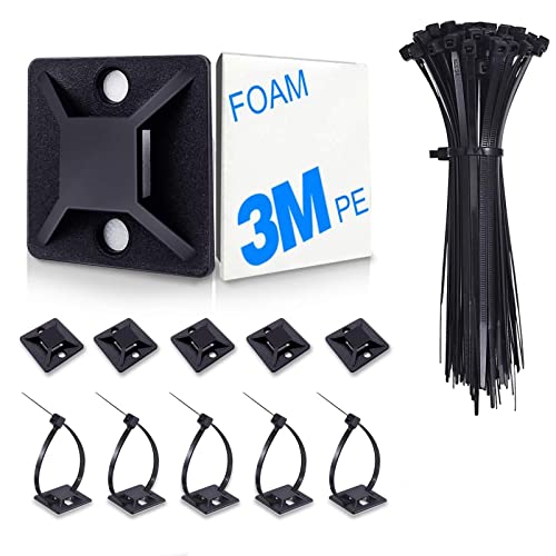 4/5' 100 Pack Zip Tie Mount With Cable Ties,Self Adhesive-backed Mounts For Wire Holder , Black Cable Management Clips Wall Anchors