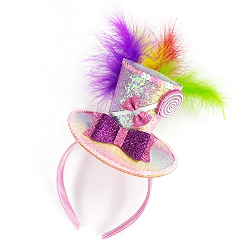 Hikkcos Sweet Mini Top Hat Headband with Multicolor Feathers Mardi Gras Costume Parade Halloween Valentines Day Lollipop Theme Rainbow Party Supplies