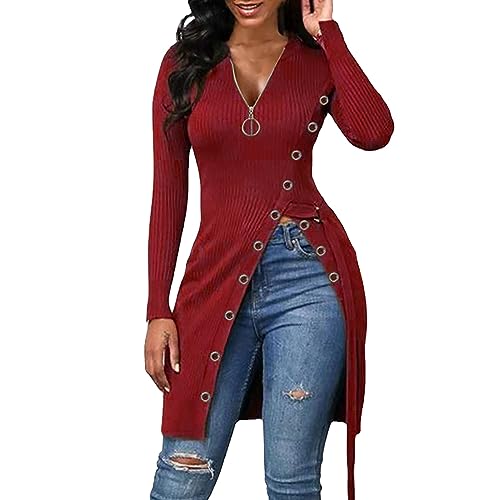 Women's Sexy Zip Up V Neck Long Sleeve T Shirts Side Split Asymmetrical Hem Longline Tunic Blouse Tops (Red, XXL)