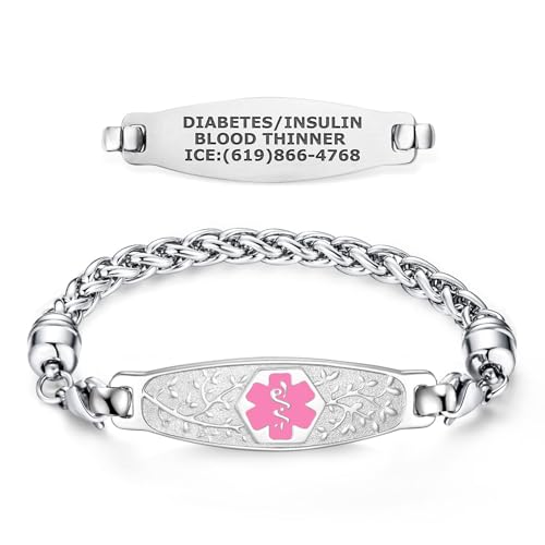 Divoti Custom Engraved Medical Alert Bracelets for Women, Stainless Steel Medical Bracelet, Medical ID Bracelet w/Free Engraving – Beautiful Olive Tag w/Wheat-Pink-8.0'