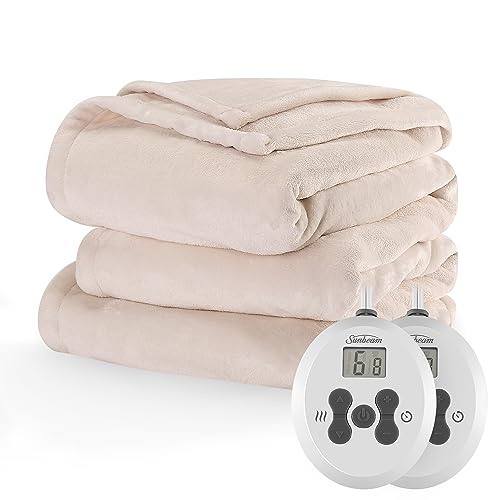 Sunbeam Royal Posh Velvet Heated Electric Blanket Queen Size, 90' x 84', 12 Heat Settings, 12-Hour Selectable Auto Shut-Off, Fast Heating, Machine Washable, Warm and Cozy, Champagne