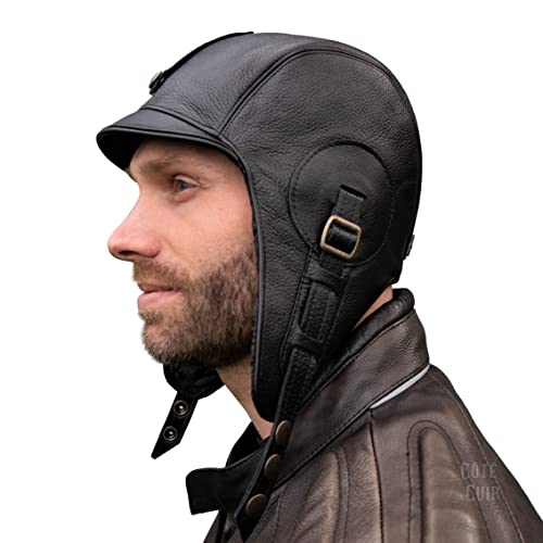 Real Leather Aviator Hat with Goggles, Black Helmet, Pilot Cap, Men/Women (XXLarge, Hat Only)