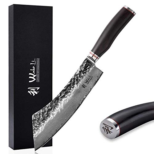 Wakoli EBO Damascus Knife Hakata Bocho with 9-Inch Blade I Hand-Ground Kitchen Knife made of Genuine Damascus Steel with 67 Layers and VG10 Core I Black Hammer Finish and Ebony Wood Handle