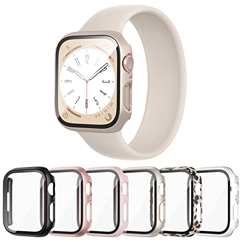 Cuteey 6 Pack Case for Apple Watch Series 9 Series 8 7 41mm with Built-in Tempered Glass Screen Protector, Overall Full Protective Bumper PC Cover for iwatch 41mm Accessories
