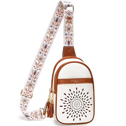 APHISON Small Sling Bag Fanny Packs Cell Phone Purse Vegan Leather Crossbody Bags for Women Chest Bag with Adjustable Strap White Brown