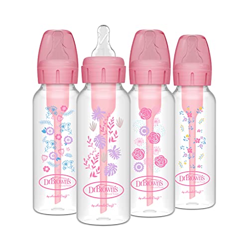 Dr. Brown's Natural Flow Anti-Colic Options+ Narrow Baby Bottles, Floral Designs, 8oz/250mL, with Level 1 Slow Flow Nipples 4-Pack, Pink, 0m+