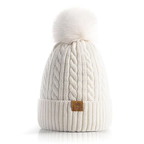 PAGE ONE Women Winter Pom Pom Beanie Hats Warm Fleece Lined,Chunky Trendy Cute Chenille Knit Twist Cap White