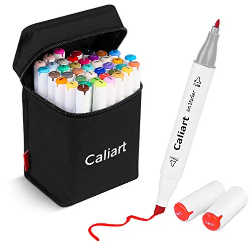 Caliart 41 Colors Dual Tip Art Markers Permanent Alcohol Based Markers Colored Artist Drawing Marker Pens Highlighters With Case for Coloring Animation Illustration Painting Card Making Underlining