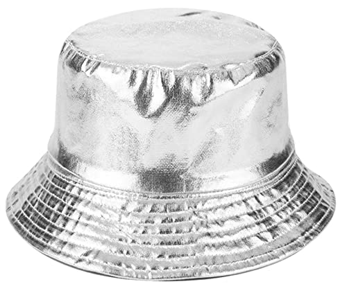 Joylife IHAUIUE Metallic Bucket Hat Trendy Fisherman Hats Unisex Reversible Packable Cap, Silver