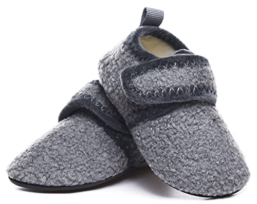 SLEVEL Toddler Kids Lightweight Slip-on Grip Fuzzy Winter Warm House Slippers Baby Indoor Velcro Home Socks Shoes for Boys Girls (S191006Grey27)