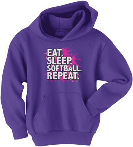 Threadrock Big Girls' Eat Sleep Softball Repeat Youth Hoodie Sweatshirt L Purple