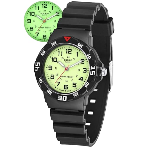 SOCICO Children Analog Watch Waterproof Time Teaching Boys Girls Watch Soft Band Learning Time Wrist Watch for Kids (Black - Fluorescent Surface)